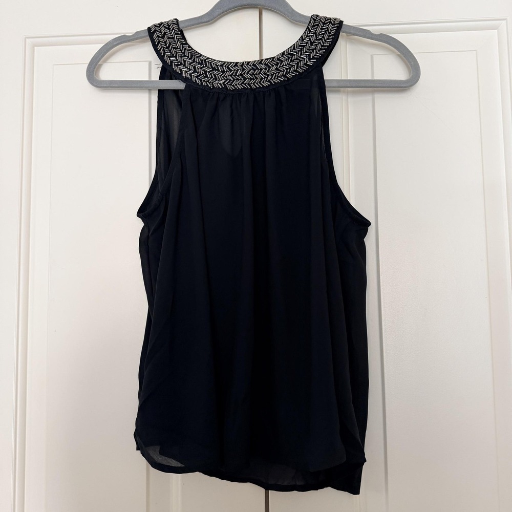 Socialite Tank Top Womens L Black Beaded Collar High Neck Chiffon Sheer Dressy
